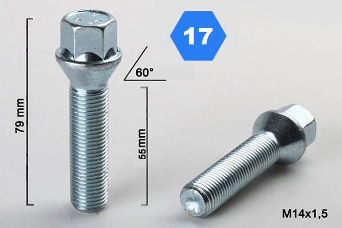 M14x1,5, Verlengde wielbout conisch, Draadlengte 55mm, SW 17